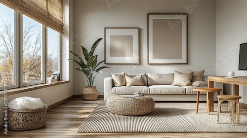 Modern living room with neutral tones, natural light, and minimalist decor featuring a cozy sofa