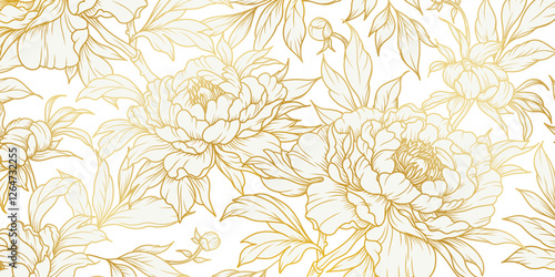 Gold floral line art pattern with golden Chinese Peony flowers. Luxury background with a bouquet of flowers, branches, leaves. Vector illustration with elegant vintage botanical decorative elements