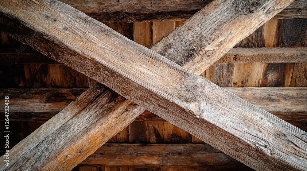 Rustic wooden ceiling beams, crisscross pattern, attic interior, architectural detail Rustic wooden ceiling beams, crisscross pattern, attic interior, architectural detail