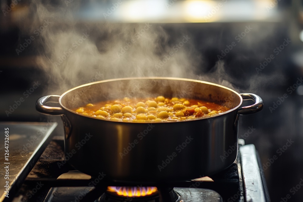 Steaming pot of gnocchi simmering on stove with bubbling sauce Steaming pot of gnocchi simmering on stove with bubbling sauce