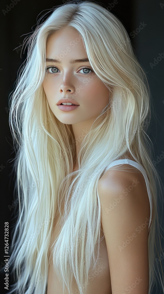 Fototapeta premium Portrait of a young woman with long blonde hair, softly lit, conveying a serene expression