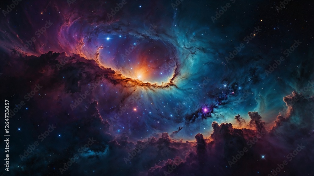 Obraz premium Deep space nebula, cosmic galaxy, interstellar cloud, vibrant celestial scene, outer space photography, colorful universe, distant star cluster, astronomy background