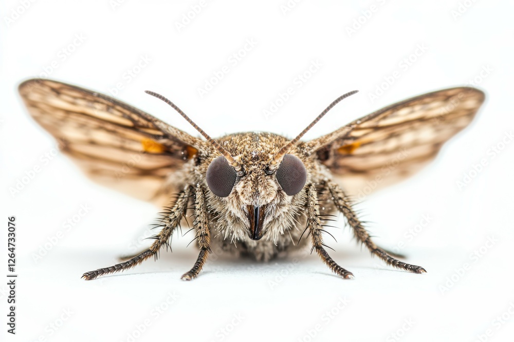 Fototapeta premium Drain Fly: Macro Closeup of Insect Bug in Entomology. Isolated on White Background