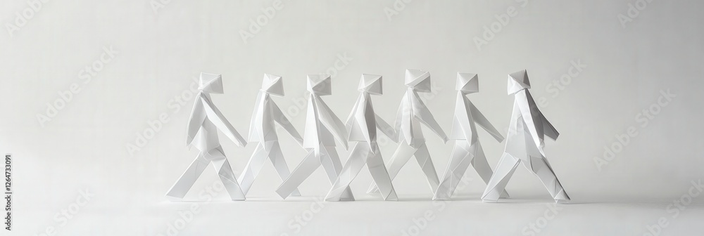 Fototapeta premium A simplistic yet powerful depiction of paper figures walking together, representing movement, unity, and a journey of collaboration in an artistic and modern design.
