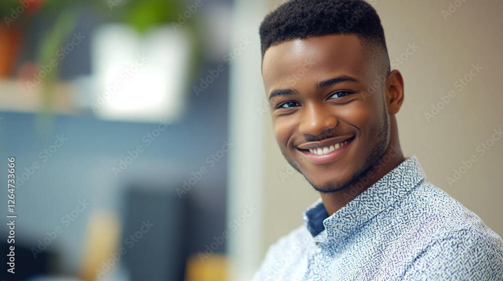 Smiling young man in a cozy setting showcasing joy and confidence in a modern environment with soft lighting Smiling young man in a cozy setting showcasing joy and confidence in a modern environment with soft lighting