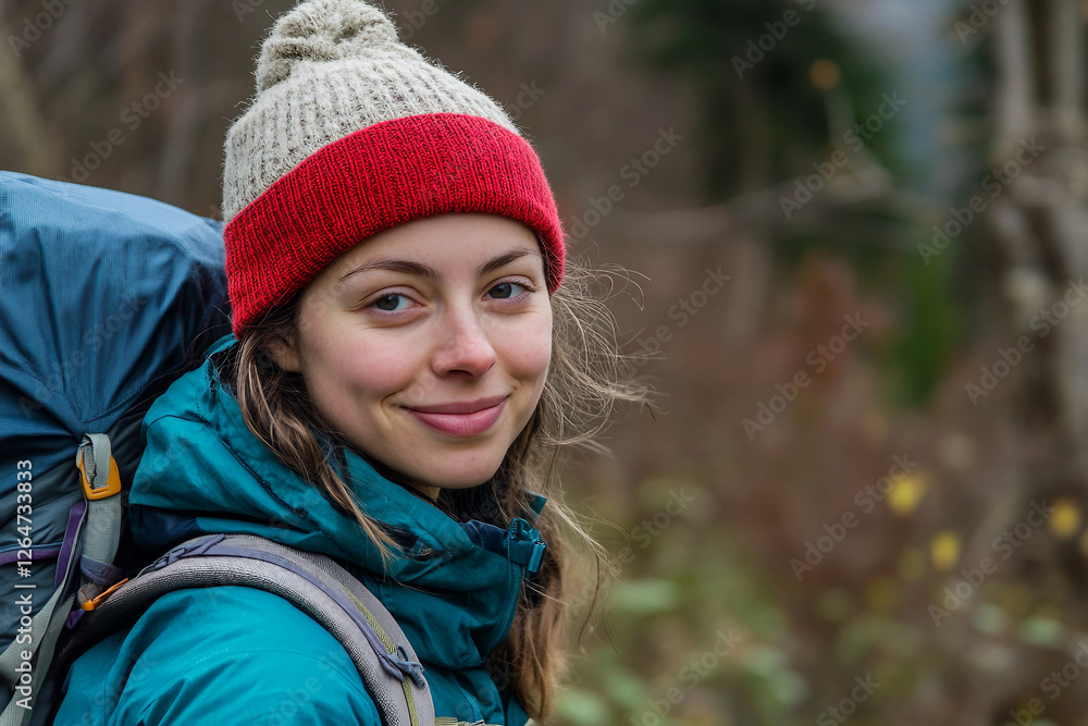 Portrait of a young woman hiking with a backpack in a lush forest during a travel adventure, Generative AI Portrait of a young woman hiking with a backpack in a lush forest during a travel adventure, Generative AI