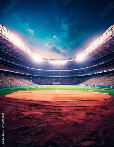 Illuminated baseball stadium at night, with bright floodlights casting a dramatic glow over the field, creating an electrifying atmosphere ready for an intense game.



