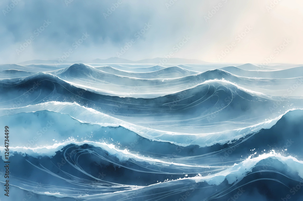 Tranquil Watercolor Digital Painting of Gentle Ocean Waves with a Serene Horizon and Soft Gradient Sky Tranquil Watercolor Digital Painting of Gentle Ocean Waves with a Serene Horizon and Soft Gradient Sky