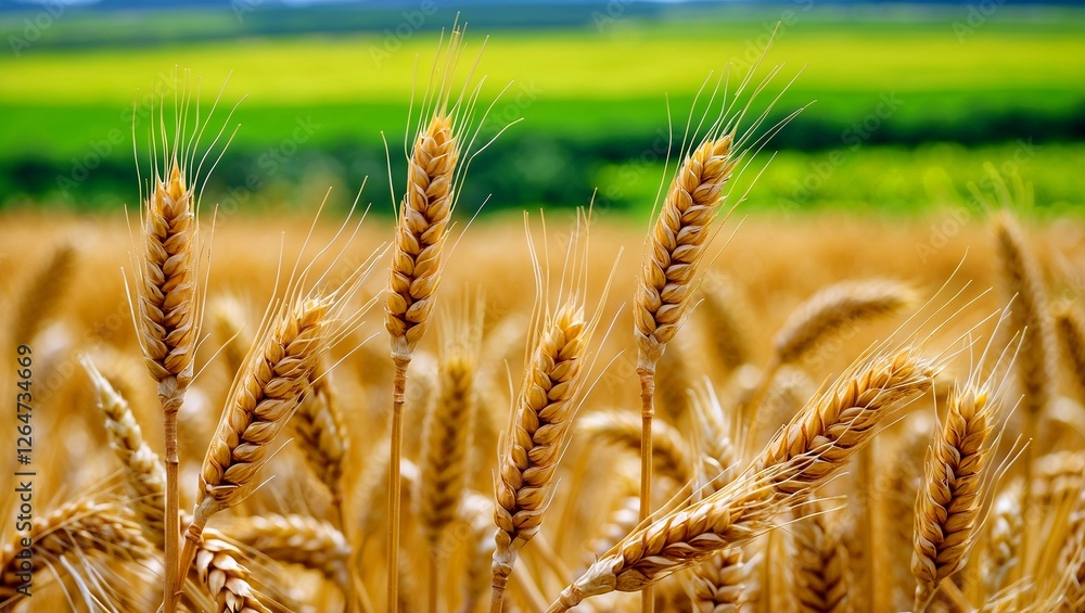 Ripe wheat ears swaying in lush green fields
