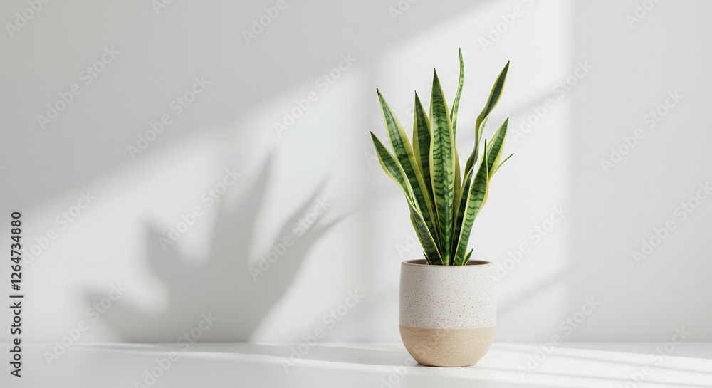 Sansevieria Plant in Pot on White Shelf with Window Shadow Sansevieria Plant in Pot on White Shelf with Window Shadow