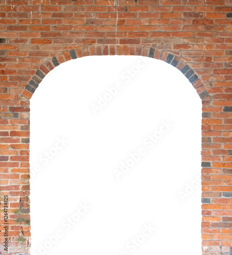 An arch in a red brick wall during the renovation of a farm building with signs of having been repointed and a transparent background
