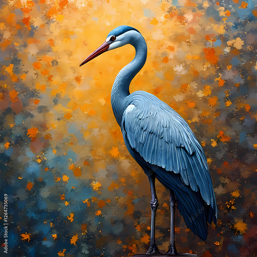 Fototapeta premium Majestic Blue Heron Standing in Autumnal Painted Landscape