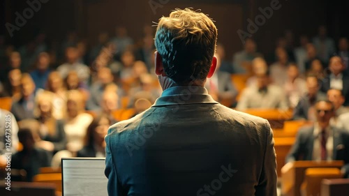 Businessman giving a presentation at a business conference or town hall meeting, generative AI