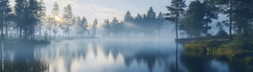 Fototapeta premium Misty morning over a serene forest lake reflecting the rising sun.