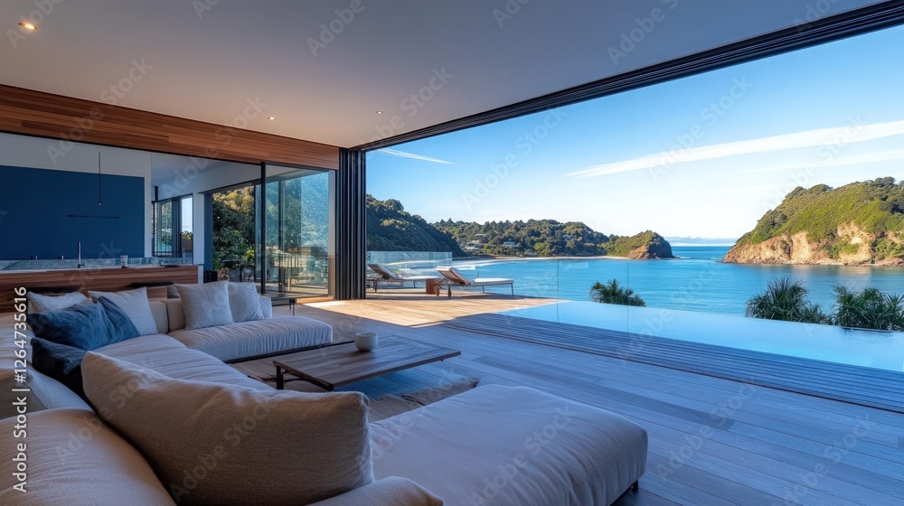 Fototapeta premium Coastal Luxury Home Living Room Ocean View