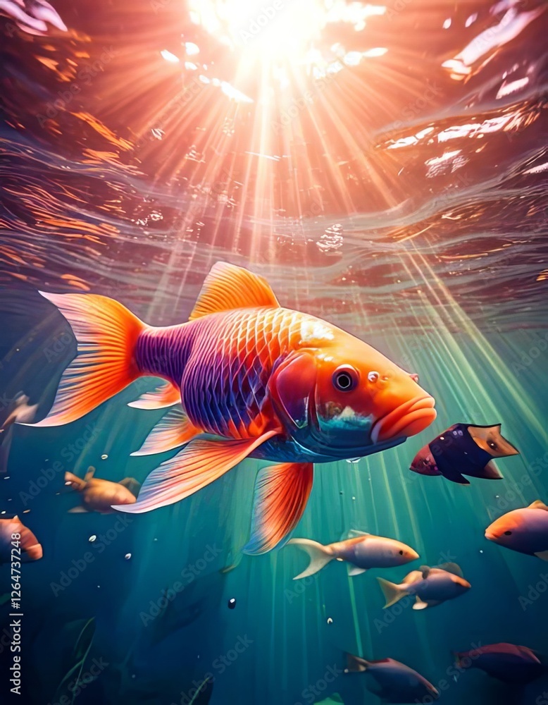 Fototapeta premium Stunning underwater scene featuring a vibrant, colorful goldfish gracefully swimming beneath shimmering sunlight rays penetrating crystal-clear water, surrounded by other aquatic life and lush marine