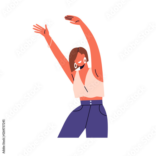 Dancing woman with arms up. Happy smiling girl enjoying movements at disco pa...