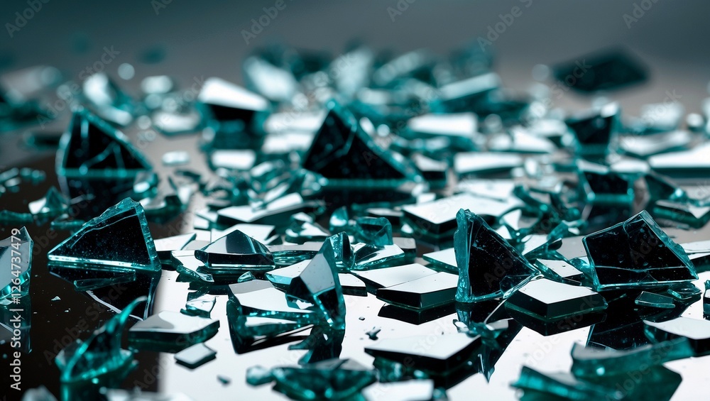 Shattered glass pieces on reflective surface creating drama Shattered glass pieces on reflective surface creating drama