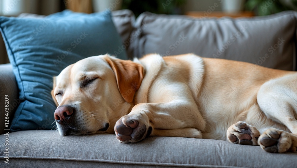 Sleepy labrador retriever napping on cozy sofa Sleepy labrador retriever napping on cozy sofa