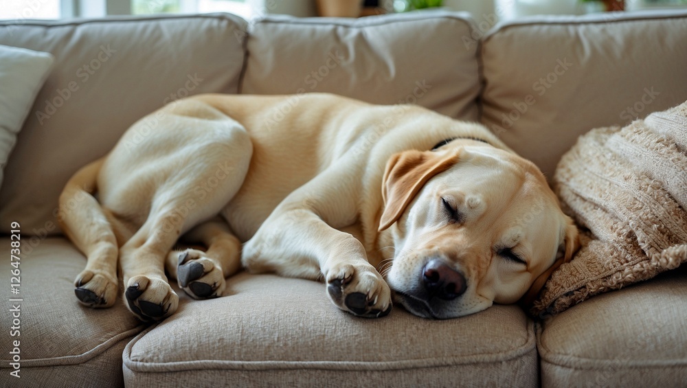 Sleepy labrador retriever napping on cozy sofa Sleepy labrador retriever napping on cozy sofa