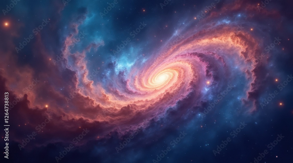 Obraz premium Deep Blue, Orange, and Purple Nebulae in a Swirling Galaxy