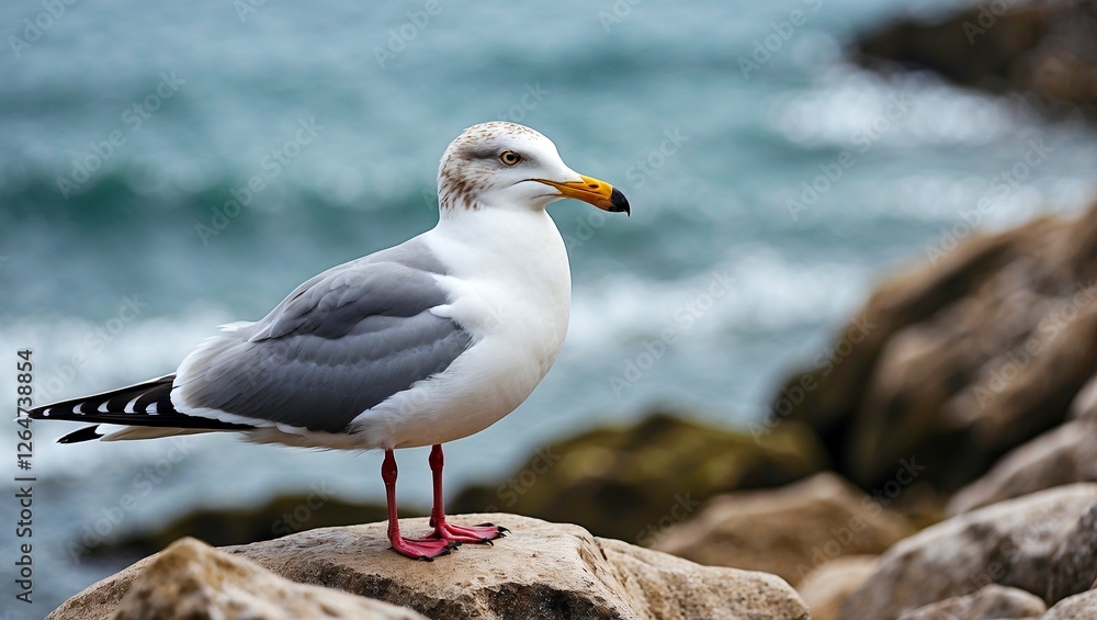 Solitary seagull perched on rocks by the sea Solitary seagull perched on rocks by the sea