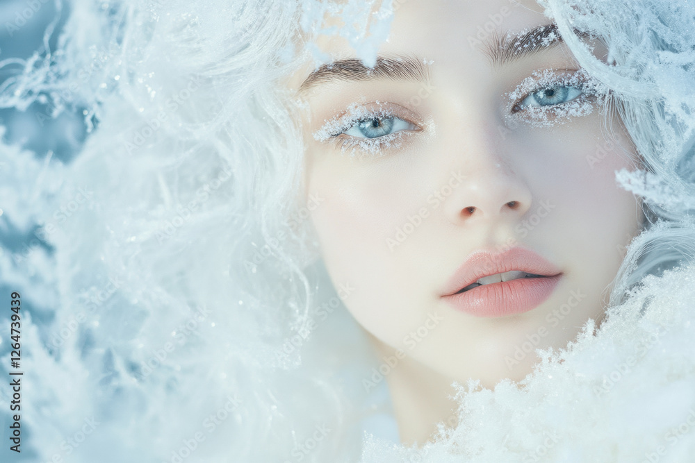Ethereal woman with snow covered eyes and hair in winter theme, young Caucasian face, serene beauty Ethereal woman with snow covered eyes and hair in winter theme, young Caucasian face, serene beauty