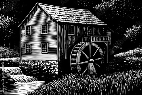 old wooden mill with river in forest black and white hand drawn sketch