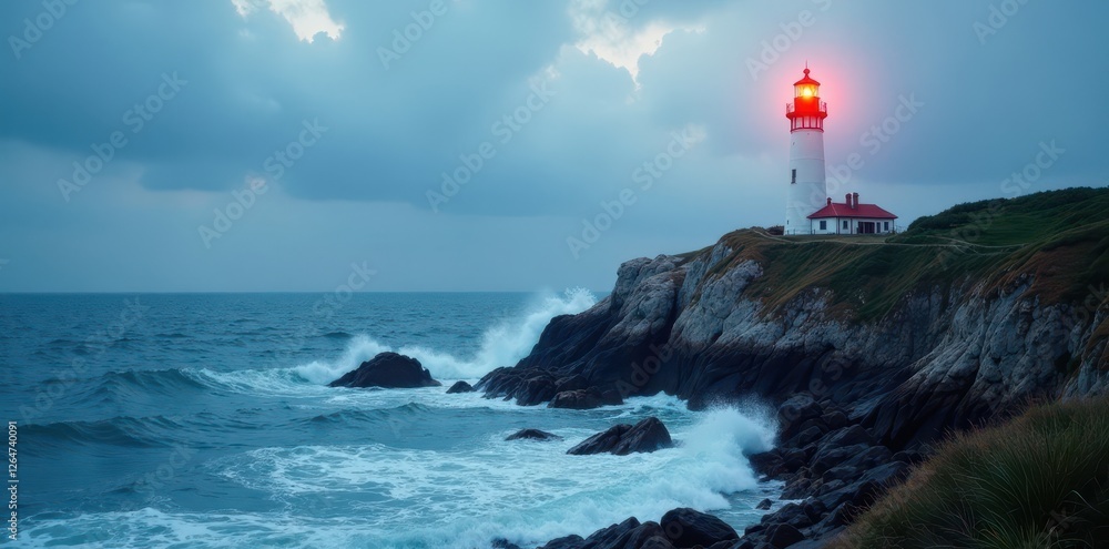 Solitary lighthouse on a rocky outcrop, waves crashing , seabird, clouds, navigation Solitary lighthouse on a rocky outcrop, waves crashing , seabird, clouds, navigation