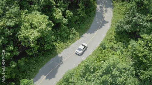 Aerial view of a car navigating a winding road through lush green forest on a sunny day. photo