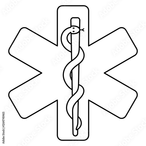 Star of life. Sketch. Emblem of emergency medical care. Vector illustration. Outline on isolated white background. Doodle style. Six-pointed star, in the center of which is the staff of Asclepius.