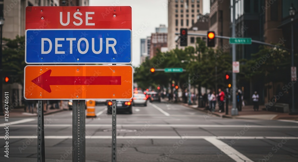 Use Detour Sign Directing Traffic on City Street with Buildings Use Detour Sign Directing Traffic on City Street with Buildings