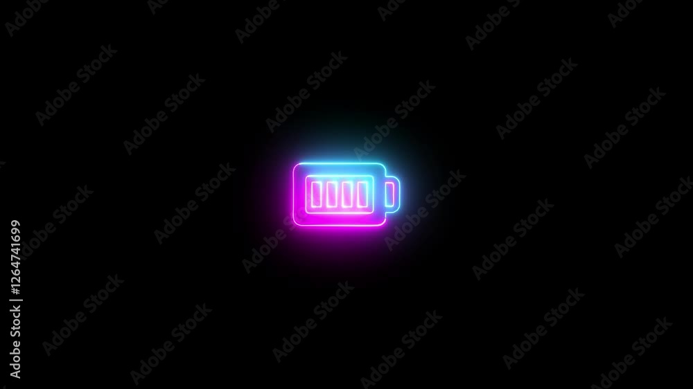 Pink and blue Neon battery charging icon animation on black background .