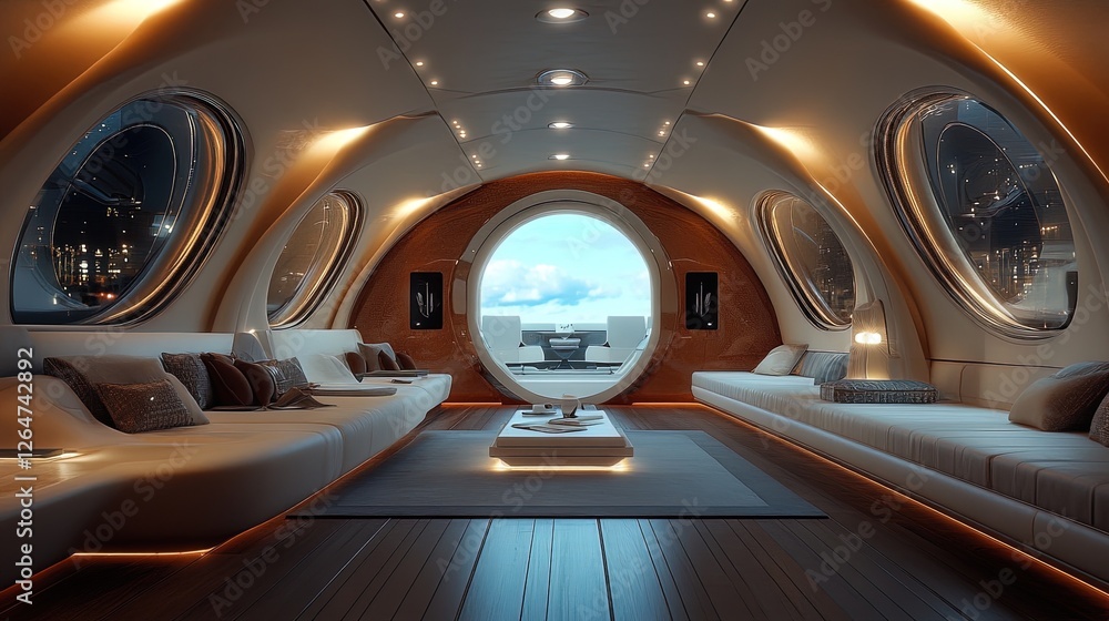 Luxurious interior of a private jet with panoramic windows and modern seating Luxurious interior of a private jet with panoramic windows and modern seating