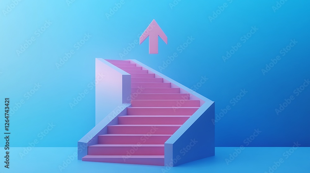Minimalist image of a white staircase leading upwards against a blue background, with an arrow pointing up at the top Minimalist image of a white staircase leading upwards against a blue background, with an arrow pointing up at the top