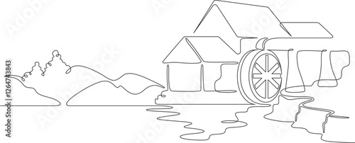 Obraz na płótnie Continuous one line drawing water mill