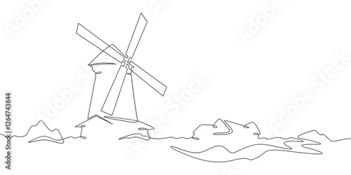 Continuous one line drawing windmill.An old mill on the plain. One continuous line isolated minimal illustration.Not AI.