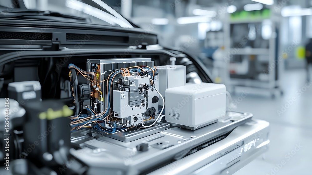 Close-up of a car's intricate electric motor exposed in a high-tech environment, showcasing innovation and engineering. Close-up of a car's intricate electric motor exposed in a high-tech environment, showcasing innovation and engineering.