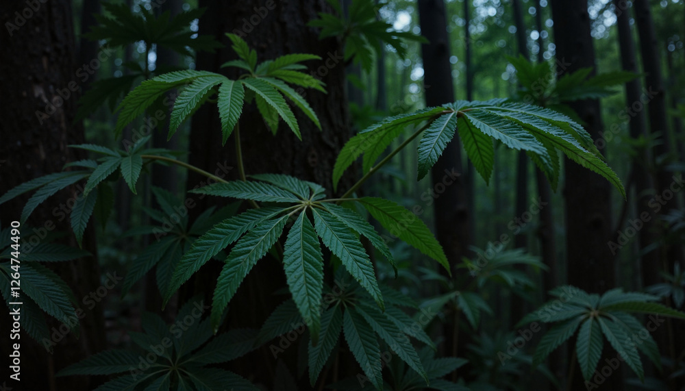 Lush green leaves in a dark forest background