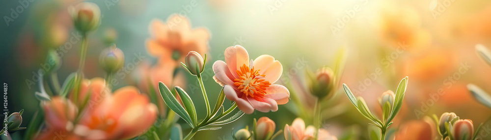 Obraz premium Soft pastel flowers blooming in a sunlit meadow.