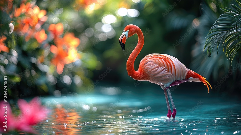 Fototapeta premium Vibrant flamingo standing gracefully in a serene tropical pond surrounded by lush flora