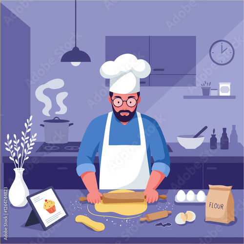 Man Baking Dough in Kitchen with Tablet Recipe Illustration Style
