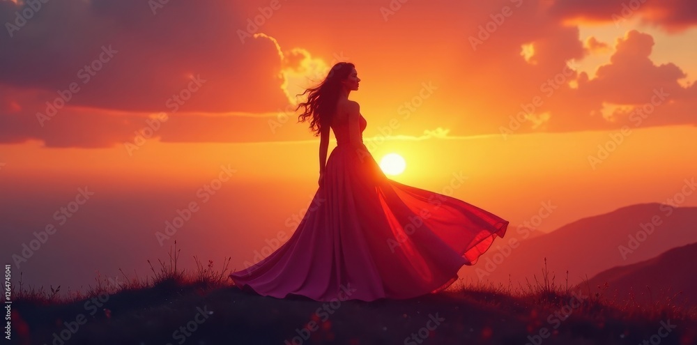 Silhouette of flowing gown & hair, sunset backdrop, orange, warm, golden Silhouette of flowing gown & hair, sunset backdrop, orange, warm, golden