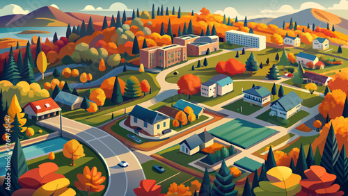 Aerial view of suburban area and autumn coloured nature in Espoo, Finland