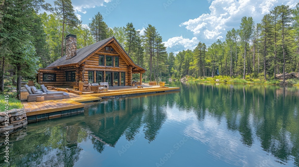 Tranquil lakeside cabin surrounded by lush trees and reflective water, ideal for relaxation Tranquil lakeside cabin surrounded by lush trees and reflective water, ideal for relaxation