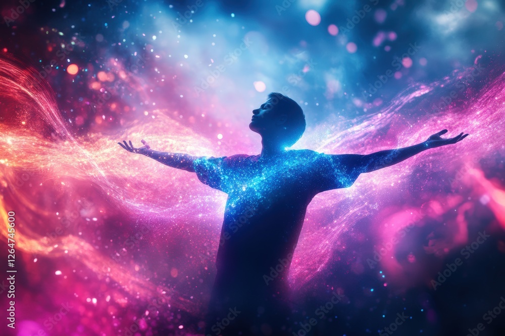 Naklejka premium Young male embracing cosmic energy with vivid abstract galaxy background