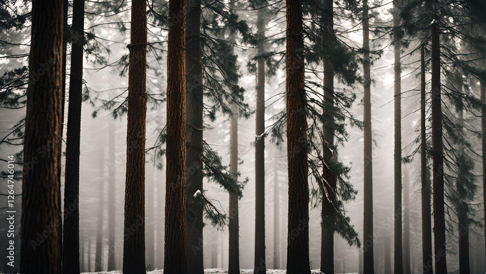 Obraz premium morning situation in the forest with fog between high trees