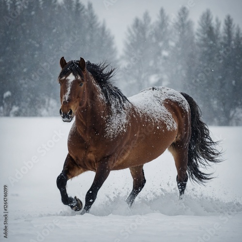 A Mustang stallion staring fiercely ahead, framed by pure white snow.
