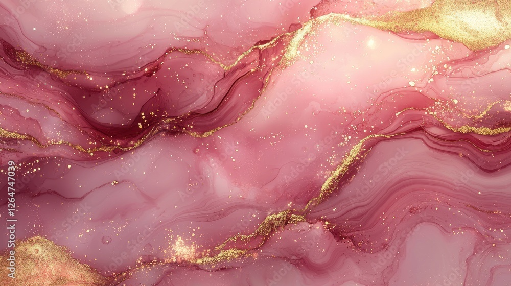 Fototapeta premium A stunning pink marble texture featuring swirls of gold and soft hues, perfect for backgrounds or artistic designs.