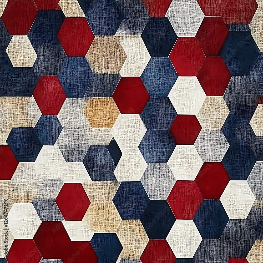 Geometric Hexagon Pattern in Red, Blue, and Beige** Geometric Hexagon Pattern in Red, Blue, and Beige**